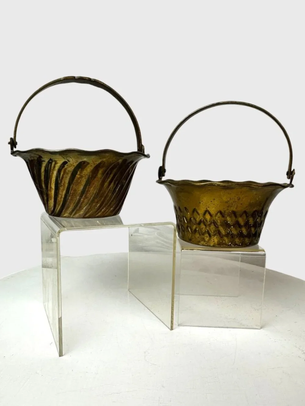 Solid Brass Decorative Basket Set With Handles - Made In India - Vintage Texture